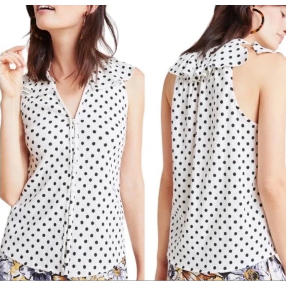 Anthropologie White Black Polka Dot Sleeveless Tank Top Blouse M